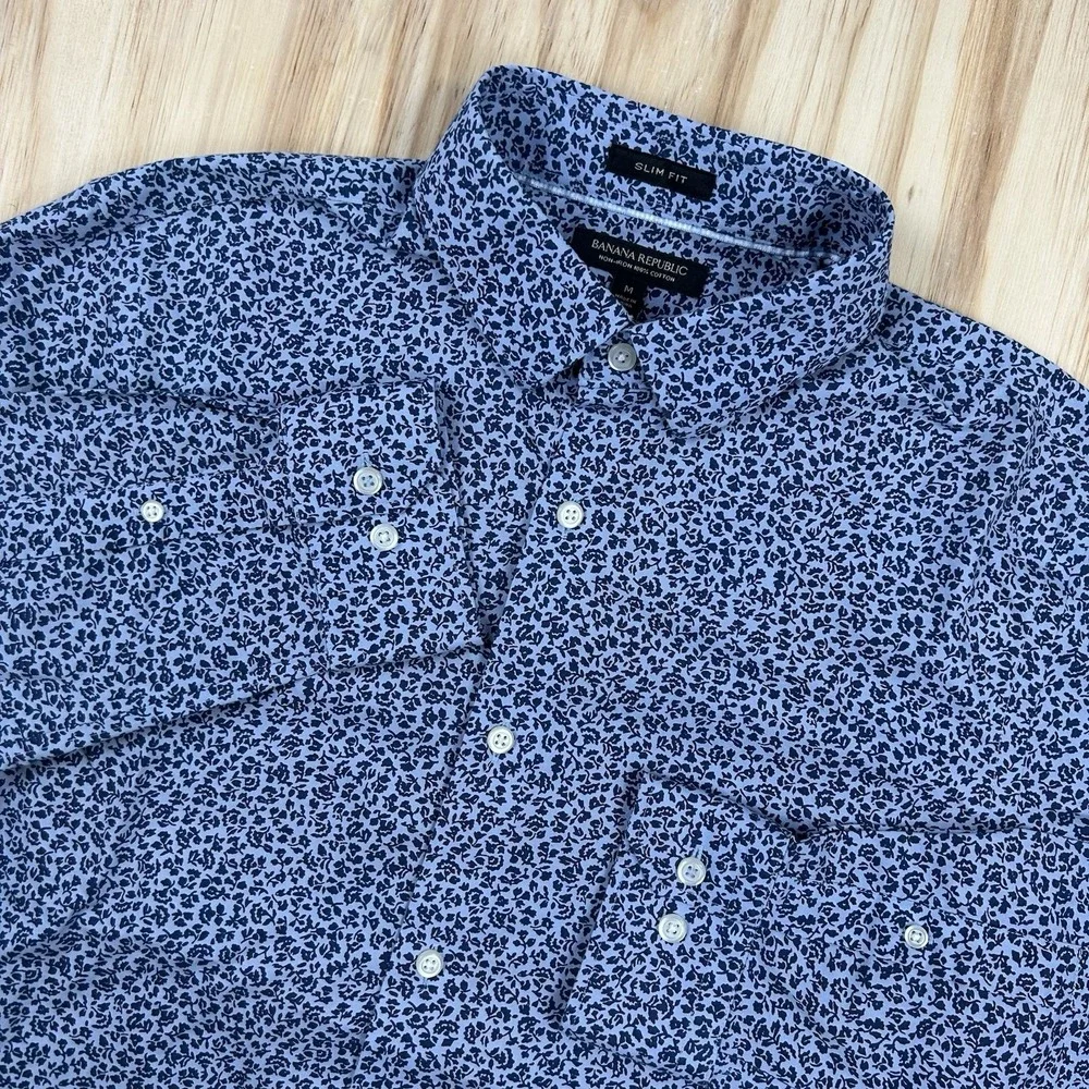 Banana Republic Men's Slim Fit Blue Floral Cotton Shirt M Long Sleeve Non Iron